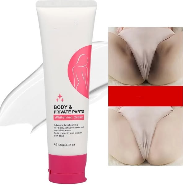 This ad is for a body and private parts whitening cream. The ad shows the product packaging next to before and after pho