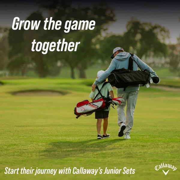 This image ad features a man and a child walking on a golf course to promote Callaway's Junior Sets. The ad uses a w