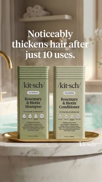 This ad promotes the Kitsch Rosemary & Biotin Shampoo and Conditioner. It highlights how the product can noticeably 