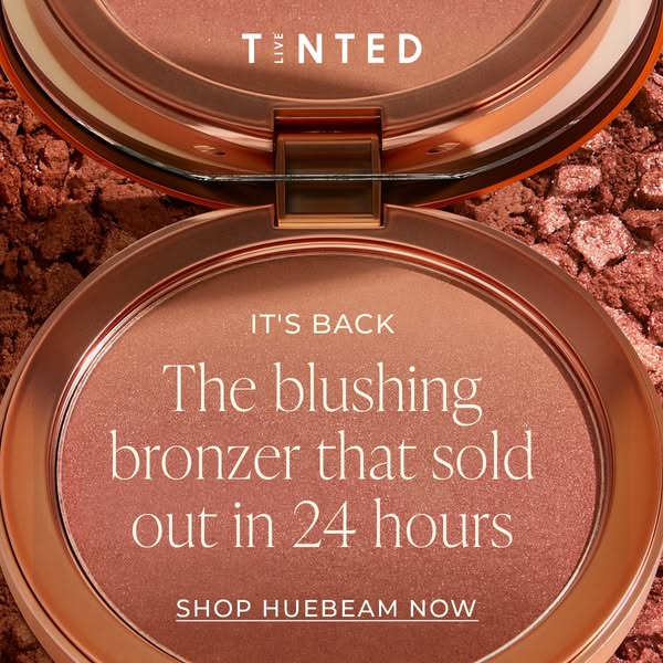 This image ad showcases Live Tinted's Huebeam Blushing Bronzer, emphasizing its previous sell-out success and encour