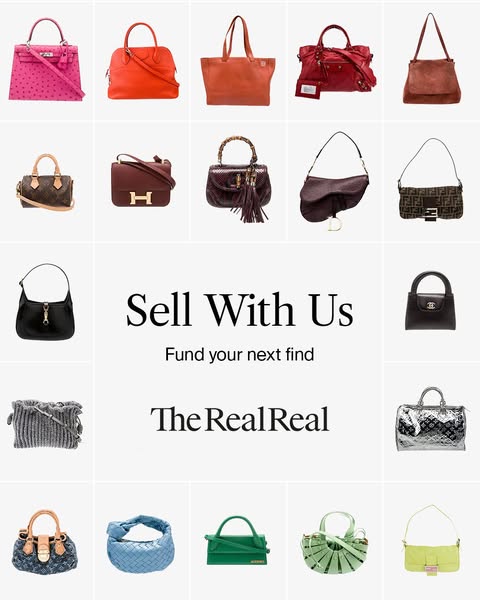 This ad for The RealReal features a grid of designer handbags and encourages users to sell their own items with the comp