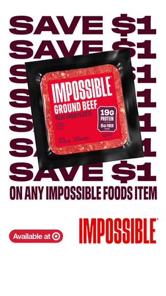 This in-feed image ad promotes Impossible ground beef and advertises a $1 savings on any Impossible Foods item at Target