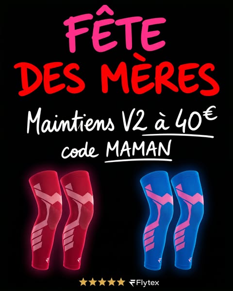 This image ad promotes Flytex V2 leg supports at a special price of 40€ for Mother's Day with code MAMAN.