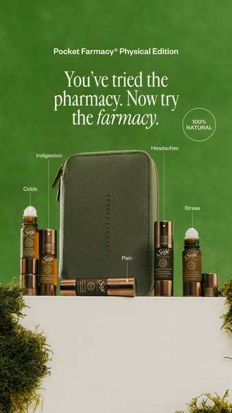 This ad showcases the Pocket Farmacy Physical Edition by Saje, highlighting its natural ingredients and ability to addre