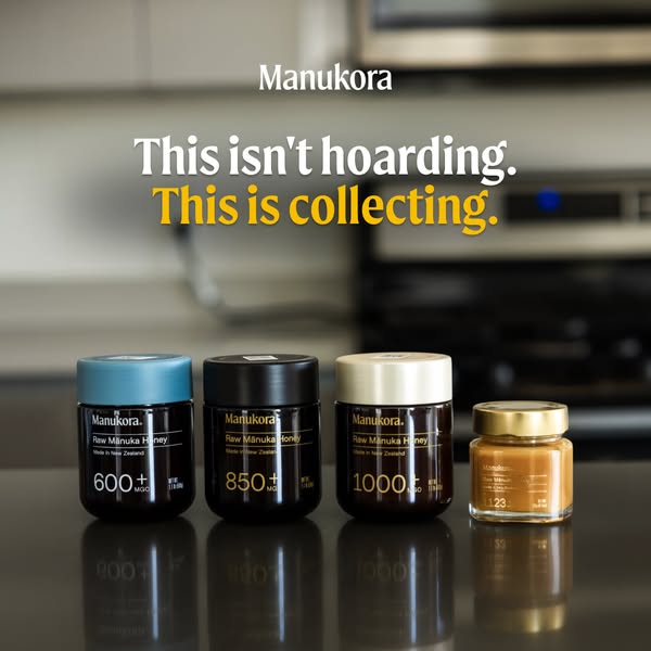 This image ad for Manukora showcases four jars of their raw mānuka honey. Each jar has a different MGO (methylglyoxal) r