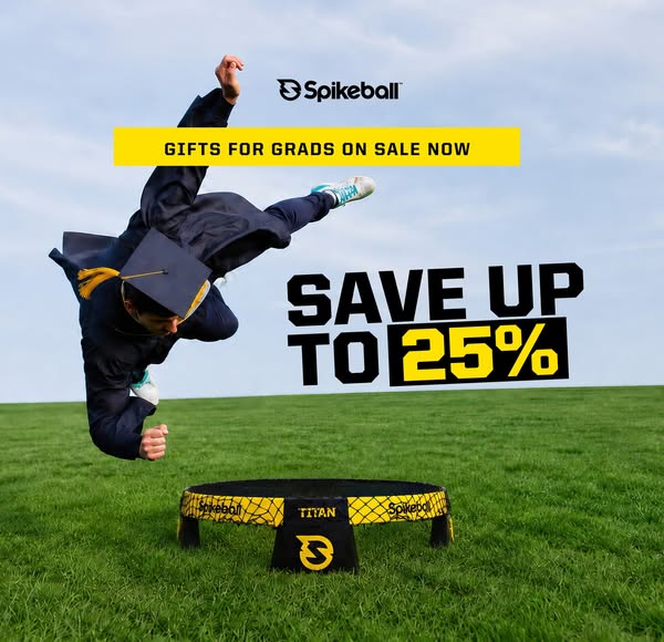 This image ad for Spikeball promotes a graduation sale. It features a graduate in mid-air preparing to spike a Spikeball
