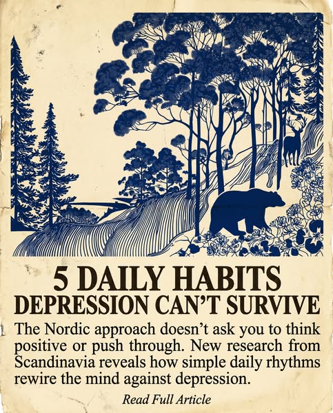 This ad promotes a Nordic approach to managing depression through daily habits, highlighted against a calming Scandinavi