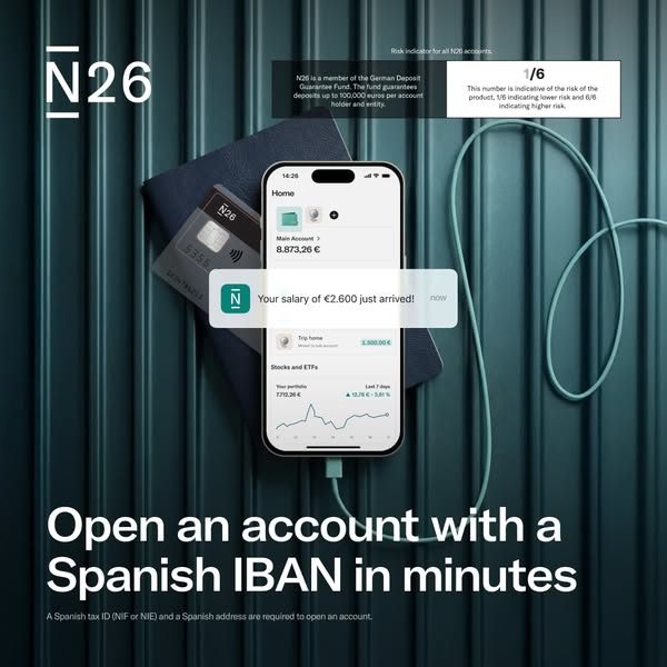 This ad for N26 promotes the ability to open an account with a Spanish IBAN in minutes. It addresses concerns about risk