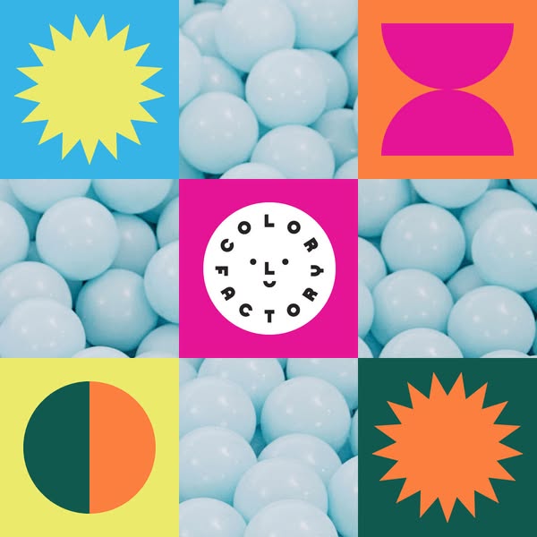 The ad displays a grid of colorful abstract shapes surrounding a center square featuring the Color Factory logo. The pro