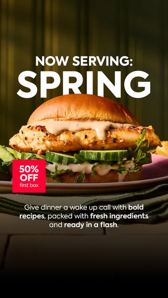 An image ad featuring a chicken sandwich and an offer for 50% off the first box of a meal kit subscription.