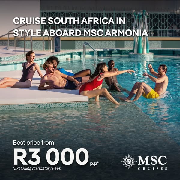 This image ad for MSC Cruises features a group of people relaxing and enjoying themselves at a pool on the MSC Armonia c