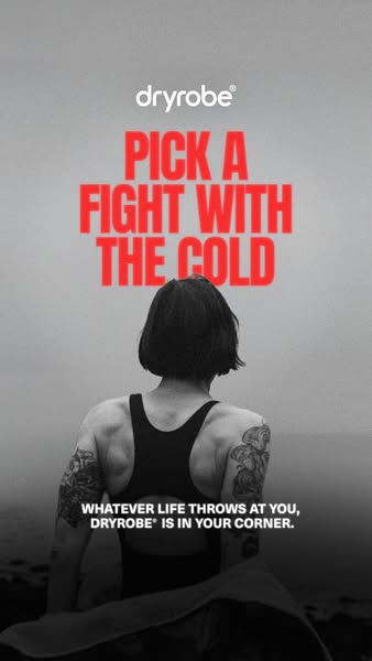 This image ad for Dryrobe features a person standing on a beach, facing the ocean, with the text "PICK A FIGHT WITH