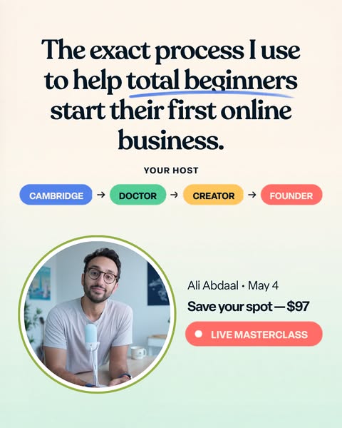 This ad promotes a live masterclass on how to start an online business for beginners. The ad features a photo of the mas