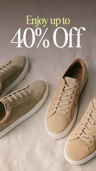 This ad features a flat lay-style product showcase of various light brown-colored leather sneakers over a light neutral
