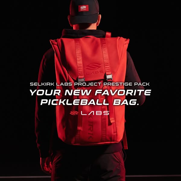 This ad features a high-quality image of a red pickleball bag being worn by an individual. The headline emphasizes that 