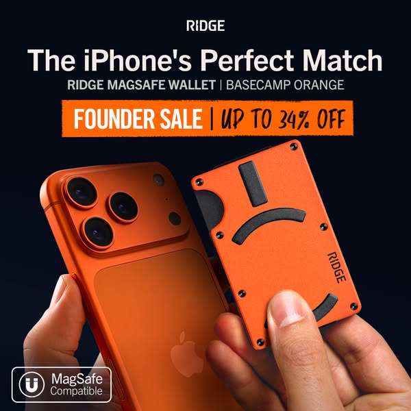 This image ad showcases an orange Ridge MagSafe wallet magnetically attached to an orange iPhone. The headline states &#