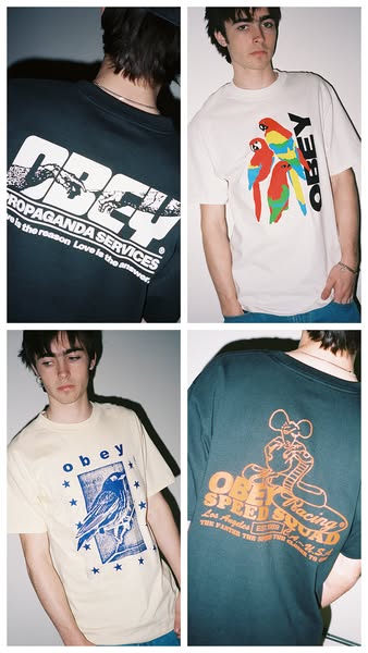 This ad uses a 4-image grid to showcase various graphic t-shirts. The focus is on the unique designs and brand aesthetic