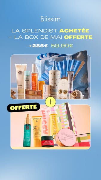 This ad for Blissim features two boxes of beauty and skincare products. It advertises a buy-one-get-one-free offer for t