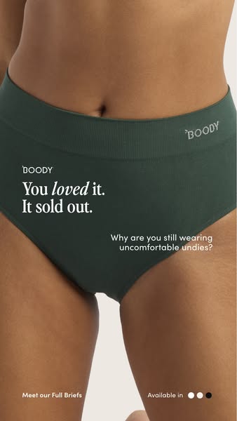 This image ad highlights Boody's full briefs, emphasizing their comfort and popularity. The ad uses a close-up shot 