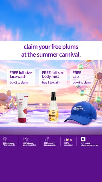The ad promotes Plum products by offering a free full-size face wash with the purchase of 2 items, a free full-size body