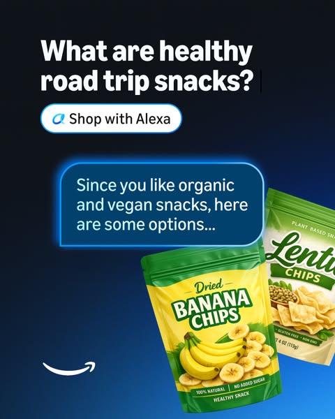 This ad asks viewers if they are looking for healthy road trip snacks and suggests organic and vegan snacks to them via 