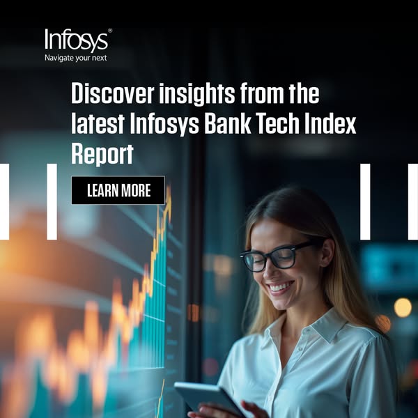 This image ad for Infosys promotes their Bank Tech Index Report, inviting viewers to discover insights via a prominent &