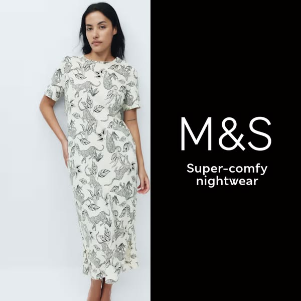 An image ad featuring a woman in a cream colored knee-length nightgown with a leopard print. The ad features the brand M