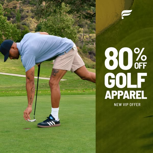 This image ad for Fabletics promotes an 80% off sale on golf apparel. It features a golfer on a green, set against a spl
