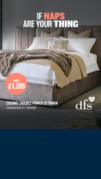 An image ad promoting the 'Cosimo | Double Power Ottoman' bed, featuring a lifestyle shot of the bed in a neutra
