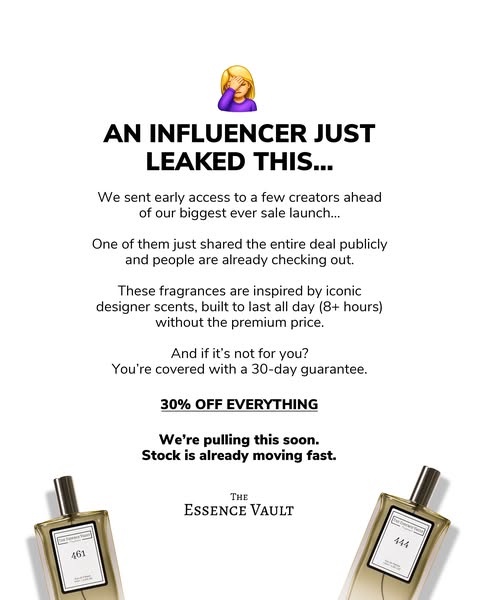 This image ad is for The Essence Vault, promoting a 30% off sale on their fragrances. The ad uses an influencer "le