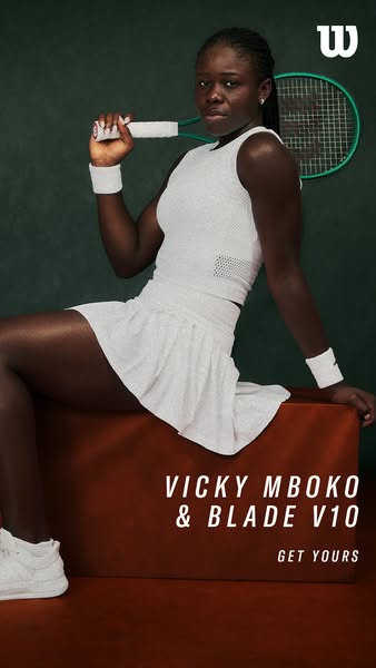 This ad features a female tennis athlete, Vicky Mboko, wearing Wilson apparel and seated on a rust-colored cube, holding