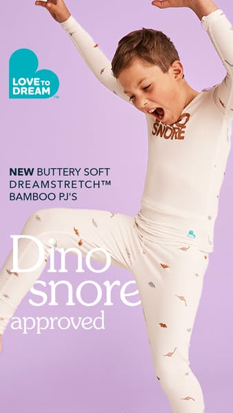 This ad features a young boy wearing Love to Dream brand pajamas. The ad highlights the buttery soft Dreamstretch bamboo