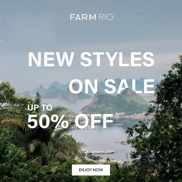 This image ad by FARM Rio showcases a landscape photo of a city on the water with mountains in the background. The ad pr