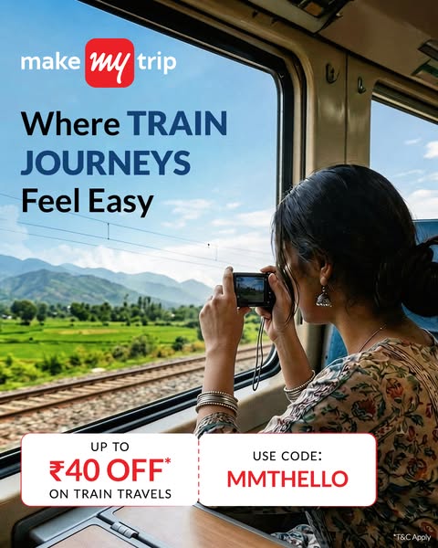 This image ad is for Make My Trip and highlights discounted train travel with use of a promo code.