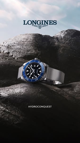 This image ad showcases a Longines Hydroconquest watch against a rocky outdoor backdrop. The visual aims to highlight th