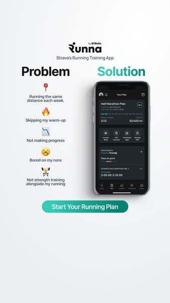 This ad highlights common running problems and positions the Runna app as the solution.