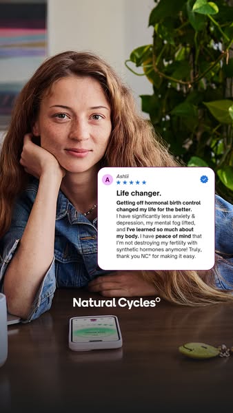 This image ad for Natural Cycles features a photo of a woman next to a review that she wrote, stating how much Natural C