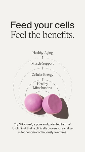 This ad promotes Mitopure, a pure and patented form of Urolithin A, that is clinically proven to revitalize mitochondria