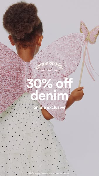 This image ad for Cotton On Kids promotes a 30% off sale on denim items, exclusively available online. The ad features a