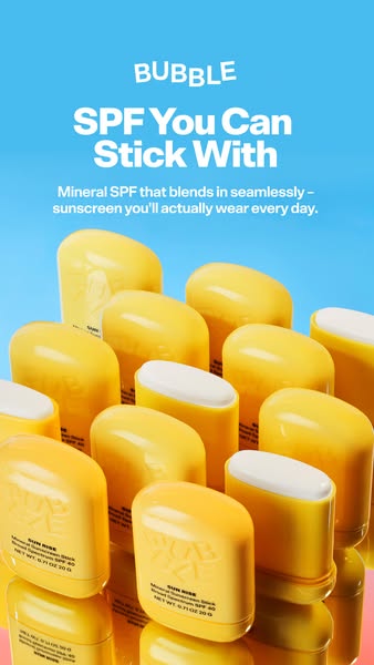 This ad is for Bubble's SPF mineral sunscreen stick. It features the product and promotes its seamless blending.
