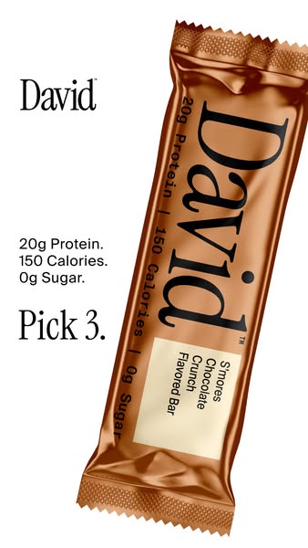 This ad features a single David protein bar against a white background. The ad highlights the bar's nutritional info