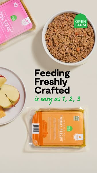 This ad showcases Open Farm's freshly crafted dog food, emphasizing its ease of preparation and variety of recipes.