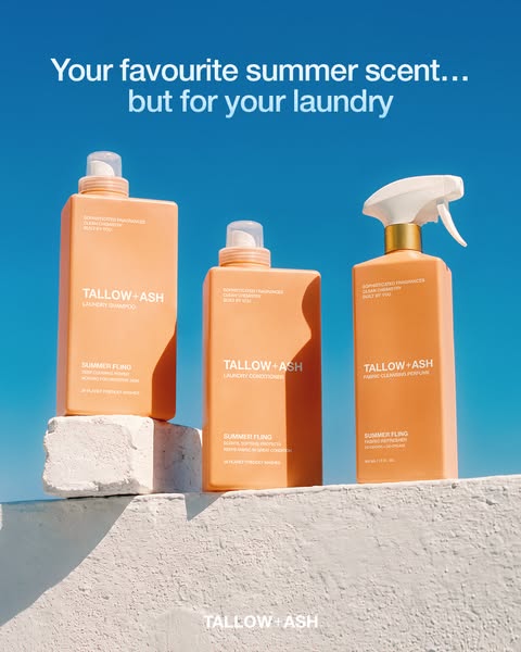 This ad showcases three Tallow + Ash laundry products—laundry shampoo, laundry conditioner, and fabric cleansing perfume