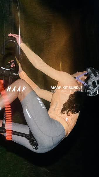 This ad features a cyclist on a stationary bike wearing MAAP branded gear, highlighting a kit bundle that includes a jer