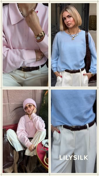 This ad features a grid of four images showcasing a woman wearing different colored sweaters and white pants, all access