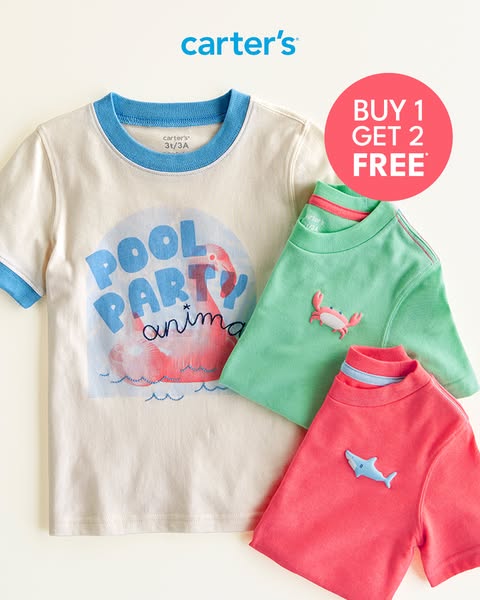 This image ad for Carter's promotes a buy one get two free deal on children's t-shirts. Three different t-shirts
