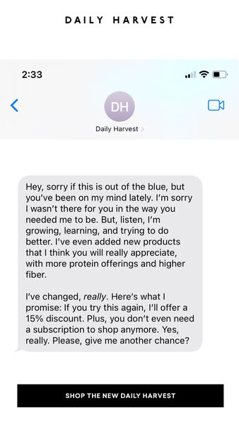This ad uses the image of a text message to convey an apology from Daily Harvest, promising improvements and offering a 