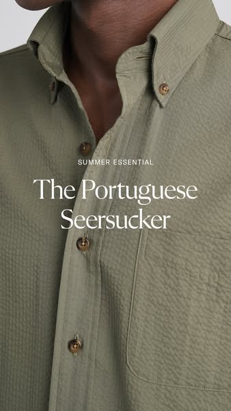 This ad features a close-up of a Portuguese Seersucker shirt on a light-skinned male torso. The shirt is presented as a 
