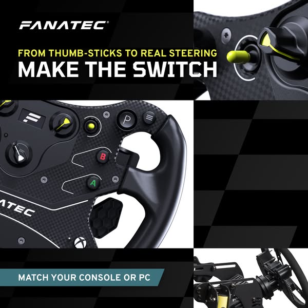 This ad for Fanatec racing wheels focuses on their compatibility with multiple platforms and their high-end build qualit