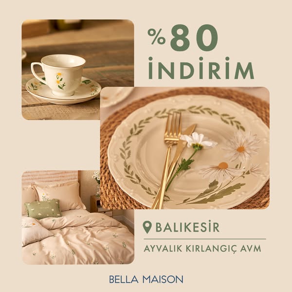 This image ad for Bella Maison features aesthetically arranged products like bedding and tableware and advertises a disc